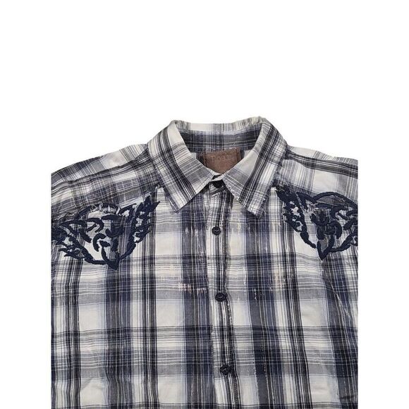 Roar Plaid Button Up Shirt Men Sz‎ L Embroidered Blue Gray Designer - Picture 2 of 7